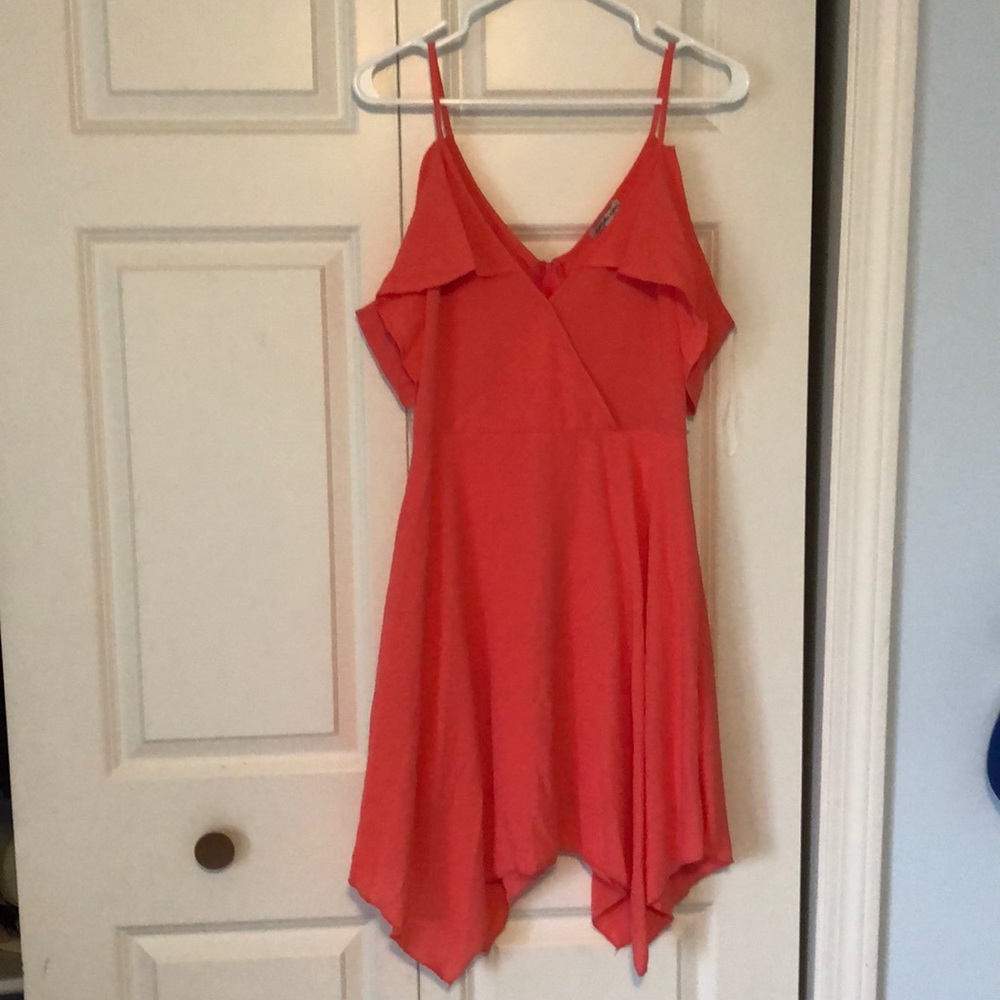 Flowy coral off the shoulder dress